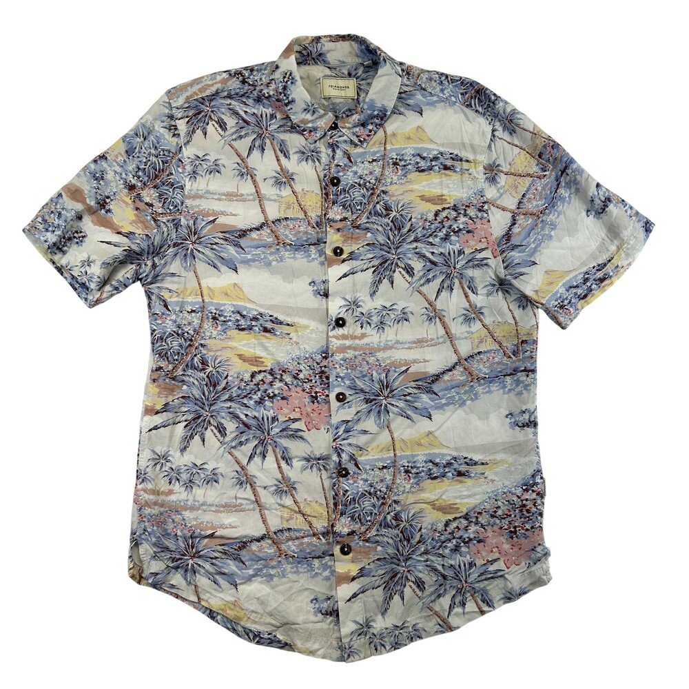 7 Diamonds Shirt Mens Medium Tiki Hut Short Sleeve Button Up Hawaiian AOP
